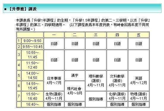 JET日本語學校-課表